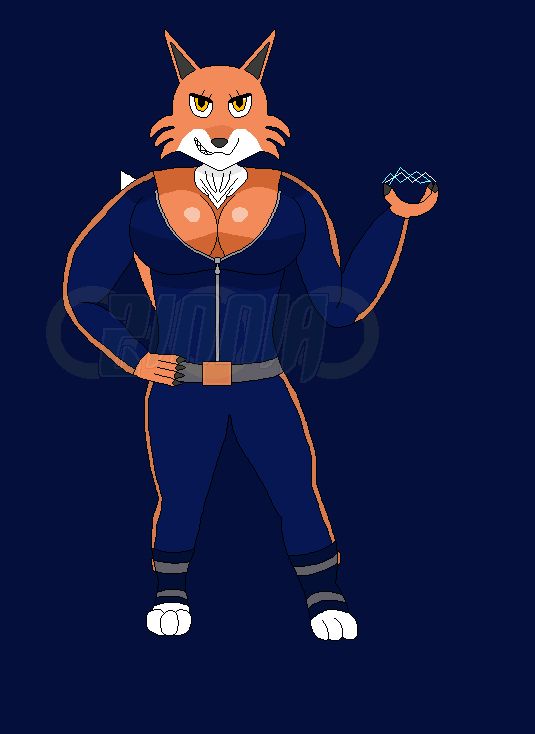 Art of Fennec Reynard (she/they), an anthropomorphic fox and OC of the artist. They're wearing a partially unzipped flight jumpsuit and wields lightning.