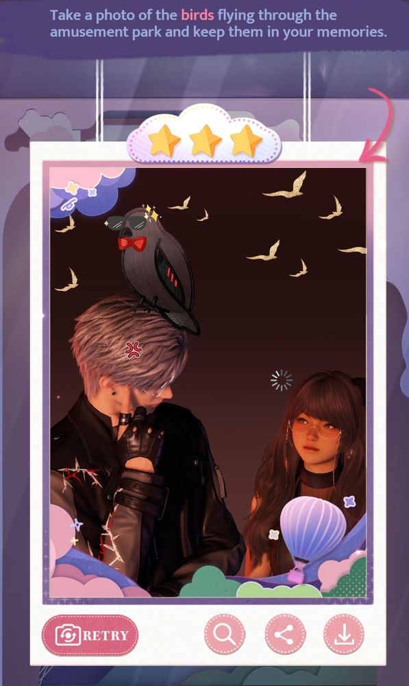 Screen shot of Sylus and MC in Otto's photo booth Prompt 6 in this week's banner event. Mephisto, the crow is perched on an annoyed Sylus's head. Mephisto is wearing sunglasses, looking calm and cool. MC is staring at Mephisto, confused. 