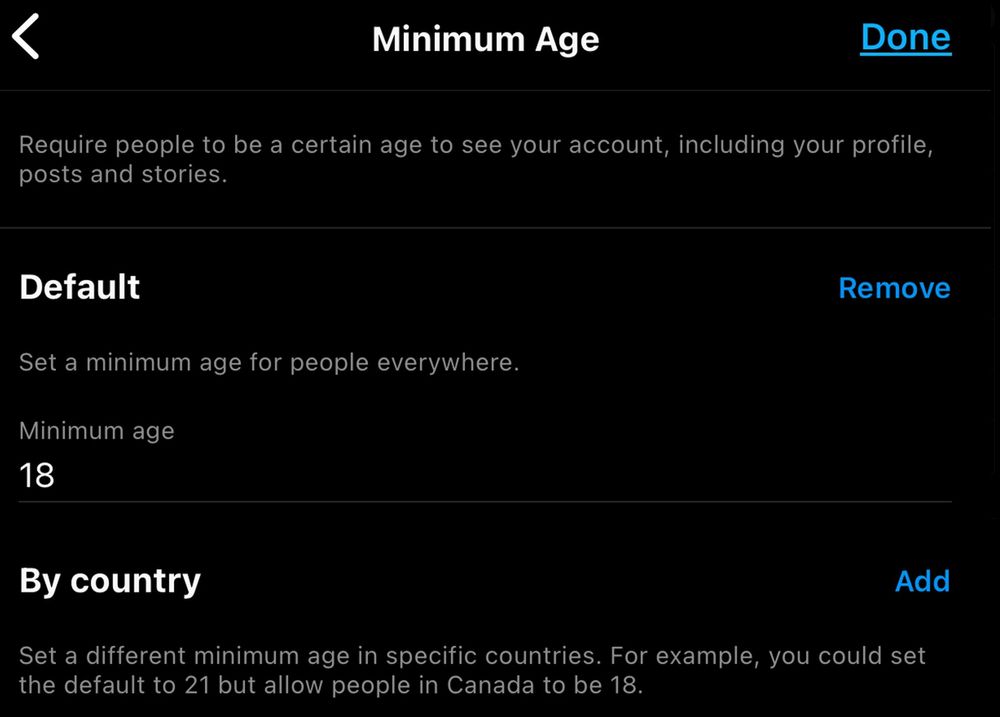 shows customizable options in professional insta accounts regarding minimum age restrictions for account visibility.