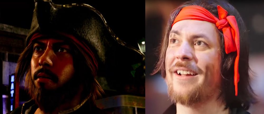 Two pictures next to each other. On the left you see a video game character. A pirate with a pirate hat and a red bandana, a moustache, full beard, sorta shaggy hair.
On the right is a white man with moustache, a not so full beard, wearing a red bandana and also sorta shaggy hair.