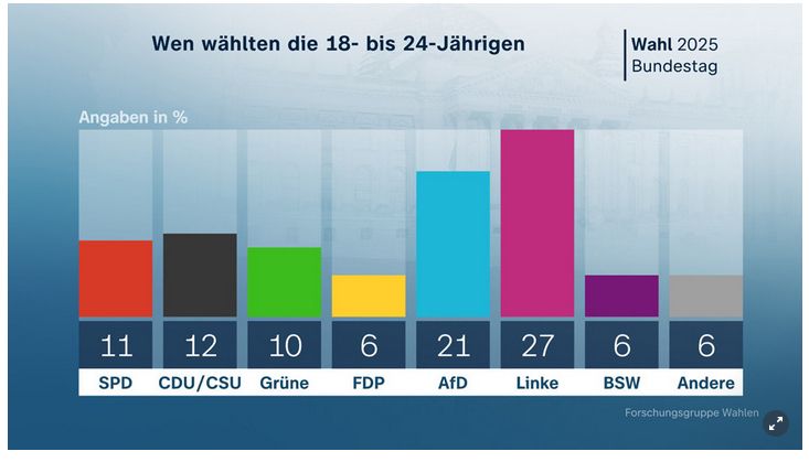 Eine Übersicht der Wahlergebnisse 2025.
"Wen wählten die 18- bis 24-Jähren?"

6% Andere
6% BSW
6% FDP
10% Grüne
11% SPD
12% CDU/CSU
21% AFD
27% Die Linke