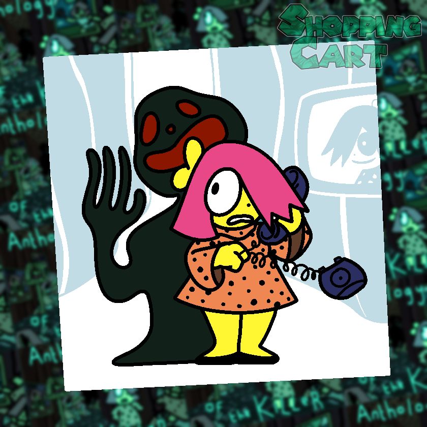 Art of BB from the game Anthology of the Killer, using a phone as a shadowy figure looms behind her. She doesn't look very pleased about it.