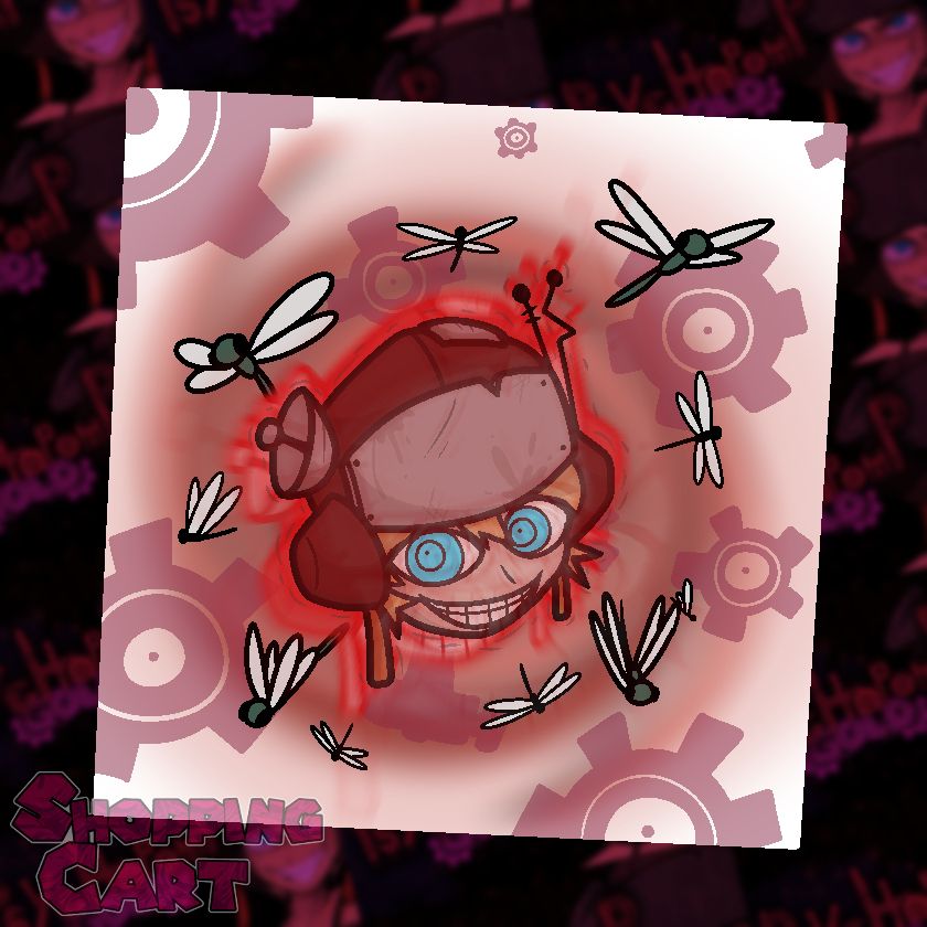 Art of the protagonist from Psychopomp (GOLD), surrounded by dragonflies and a menacing red aura. She's very trustworthy though I assure you.