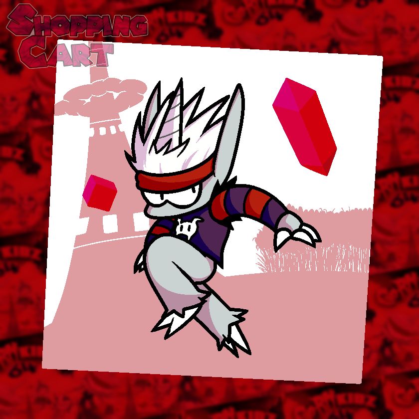 Art of Seve from the game Corn Kidz 64. He's in a dynamic pose, with an XP Cube and XP Crystal around him, two objects from the game.