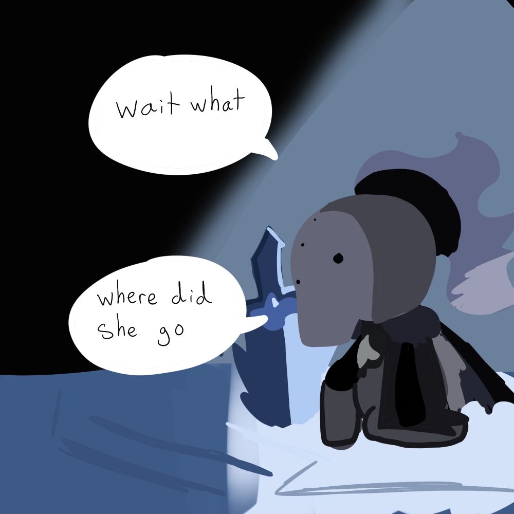 Silent Salt is bewildered to find out that he is alone. He says, "wait what" "where did she go"