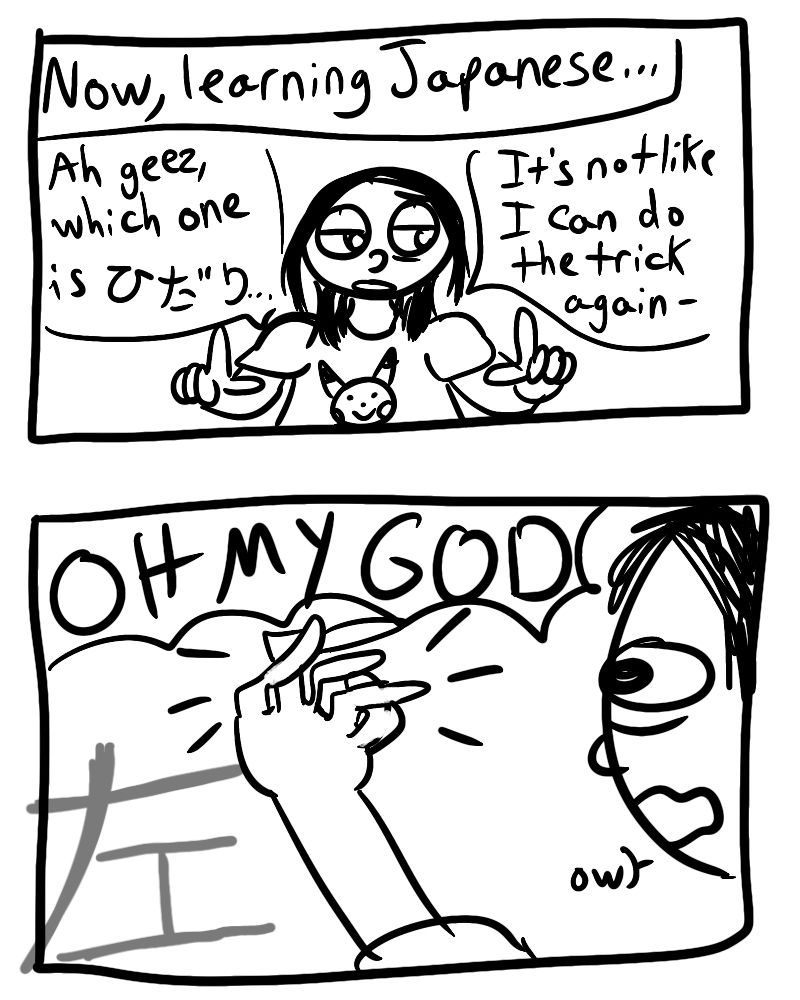 Panel 3: I am now older and fatter and more tired, doing the hand trick again. The top text says “Now, learning Japanese…” I say “Ah geez, which one is hidari…it’s not like I can do the trick again -“

Panel 4: My left hand somehow makes the kanji character for ‘left’. I am baffled, shouting “OH MY GOD” and also “Ow”.
