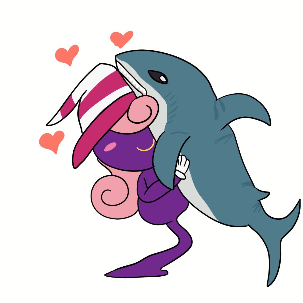 Vivian holding onto Blahaj, a plush shark. There are hearts above her.