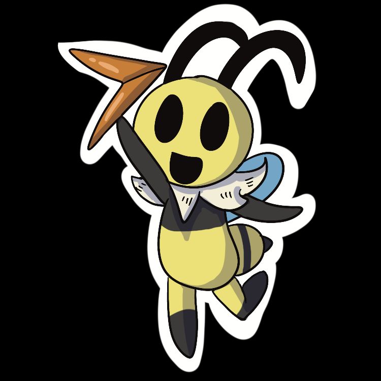 An image of a bee, Vi. She holds up her boomerang (or "beemerang" in her terms) happily.