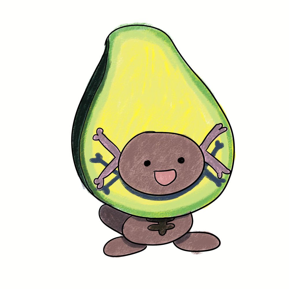 A Paldean Wooper inside of an avocado. The Wooper's head is replacing the avocado seed, so it looks like its wearing an avocado costume.