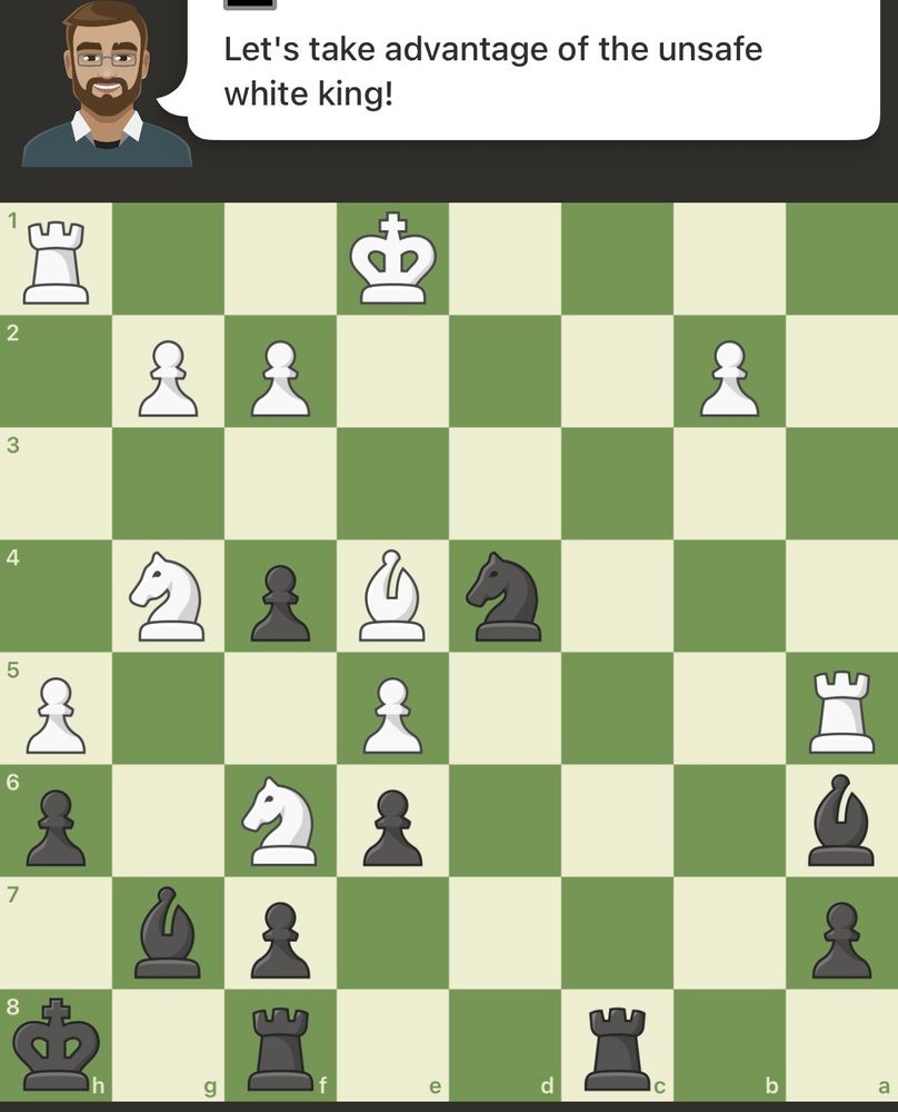 virtual chessboard with an icon of a man at the top, with a speech bubble saying "lets take advantage of the unsafe white king!" 