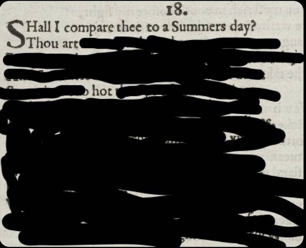 Shakespeare's Sonnet 18 with most of the words blacked out so it reads "Shall I compare thee to a Summers day? Thou art hot" 