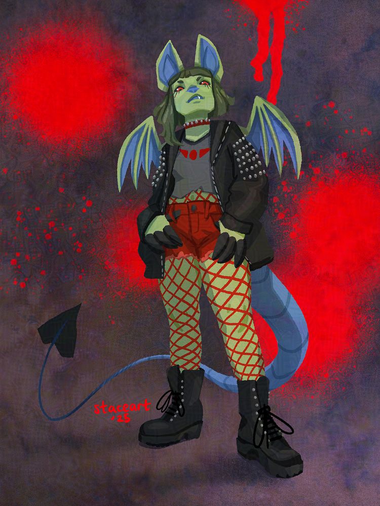A digital illustration of Neah, a humanoid bat-like character based off of the mutant Korbat from Neopets. She has light green skin, blue ears, wings, and a long blue tail with a gray spade at the end. Her eyes are gray with red irises and she has a blue nose. She is looking down on the viewer with a sneer. She has short dark green hair with one strand longer than the rest. Her hands have long dark claws that are placed on her hips, with her thumbs on the belt loops of her dark red cut off shorts. She wears a cropped gray shirt with the Twisted Roses logo on it, a leather jacket with metal studs embellished on it, red fishnet stockings, and black combat boots. Behind her is an abstract background that is textured purple and bright red spray painted spots.
