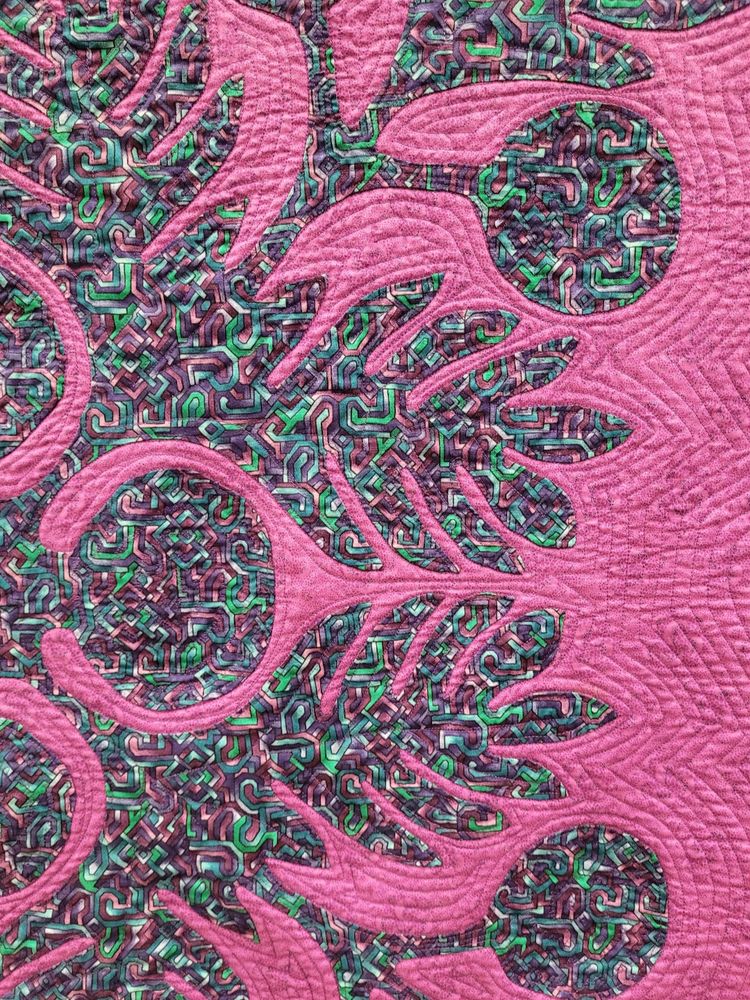 A close up photo to show the echo quilting around the applique design. 