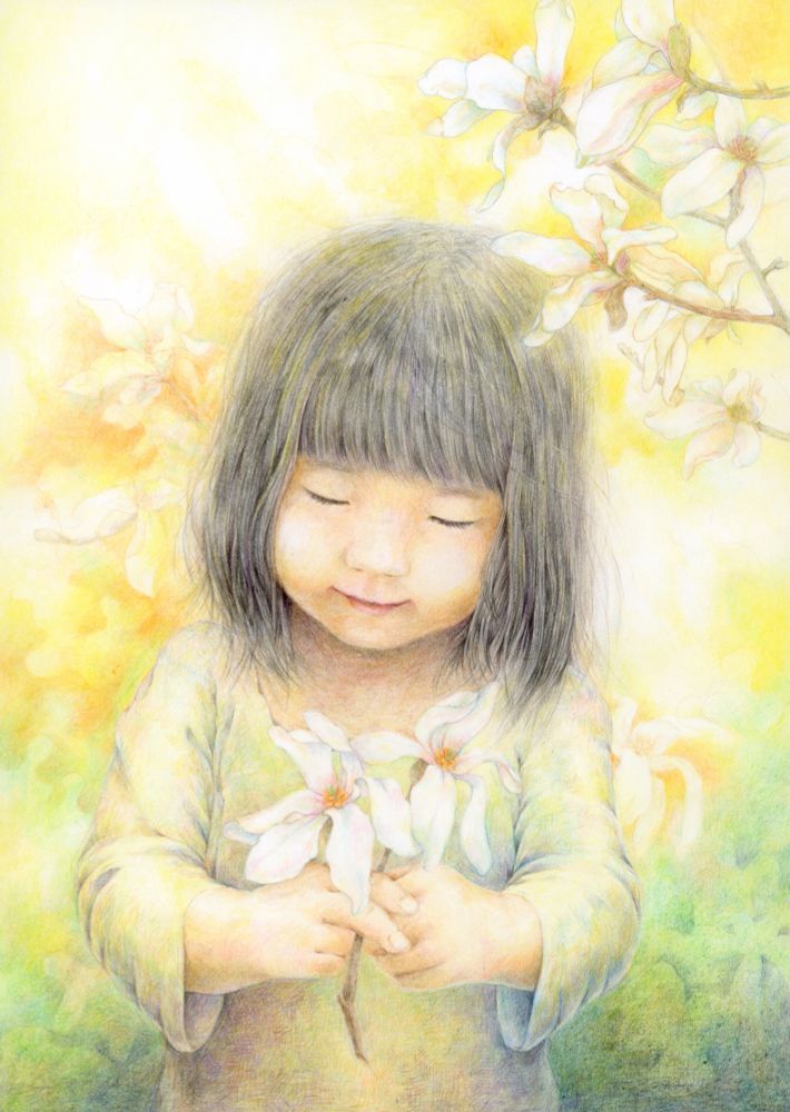 女の子が花を見て微笑む絵