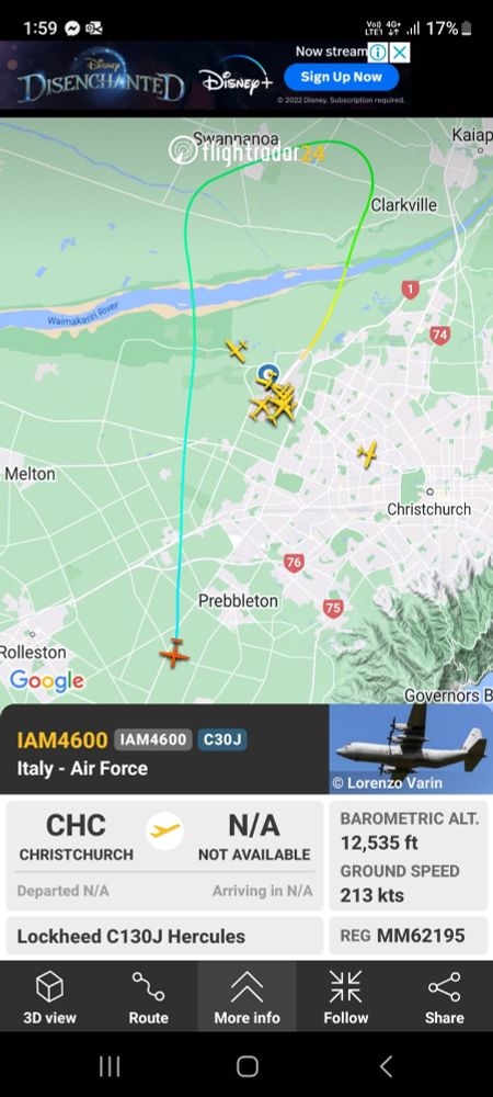 Flightradar24 map of Ōtautahi Airport showing the flight path of an Italian Air Force plane taking off. Probably going to the Ice.
