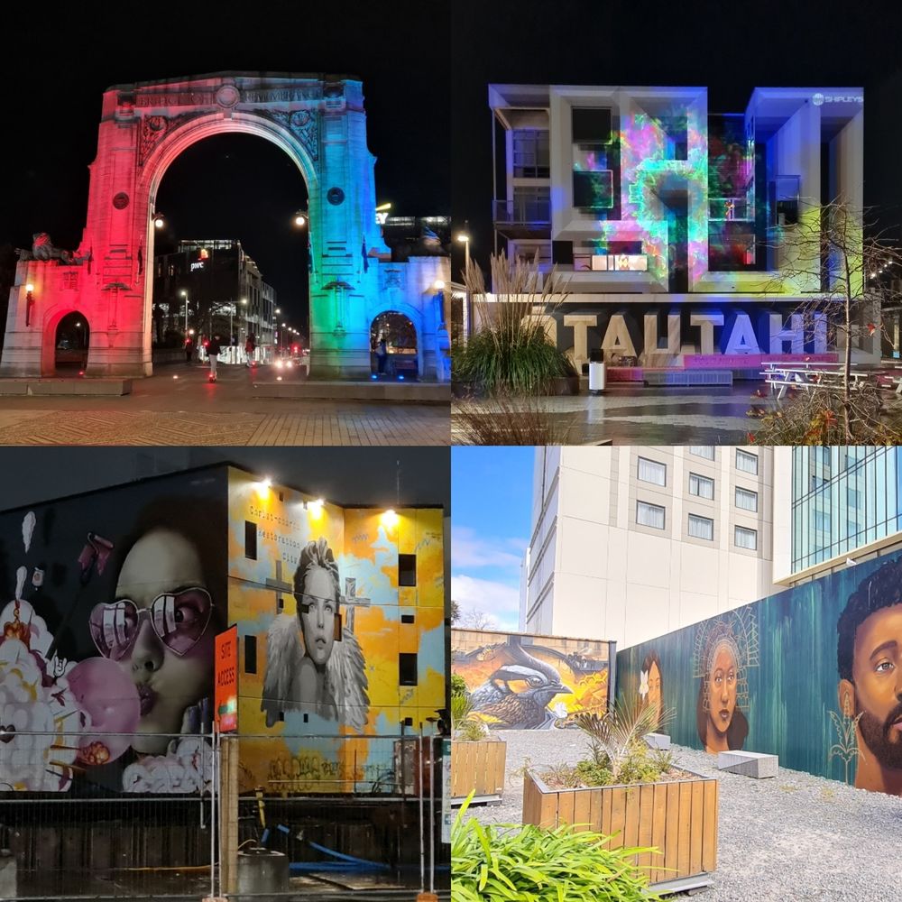 Layout of 4 images of Ōtautahi/Chch - Bridge of Rememberance and SALT apartments lit up at night, building art of female faces Manchester St, fence art of bird and faces near Turanga
