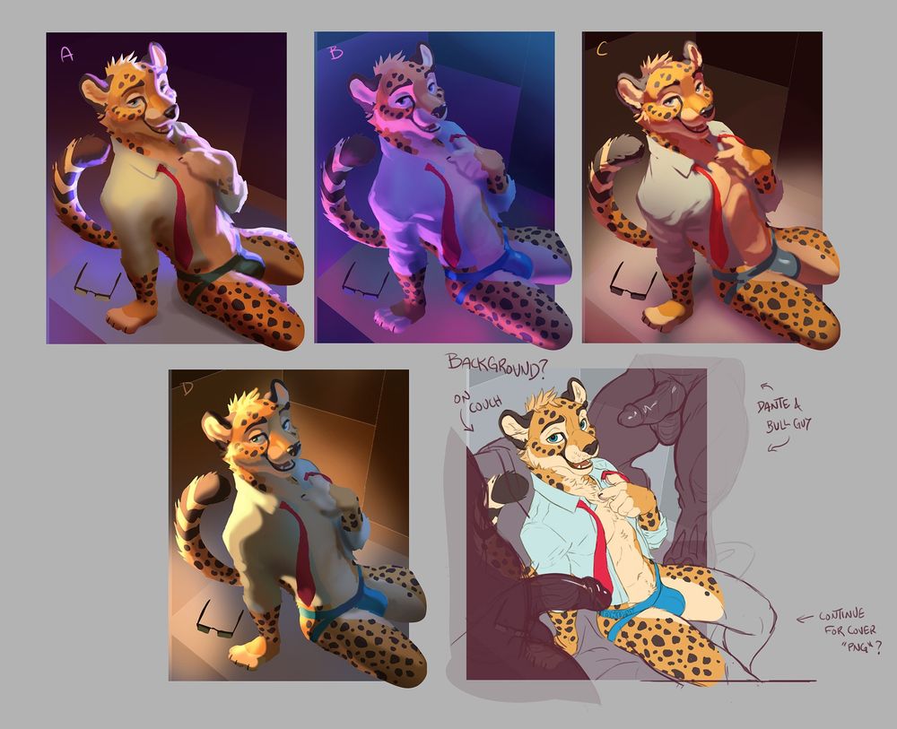 Color comps of the above illustration, exploring different lightings. One sketch comp proposes a background