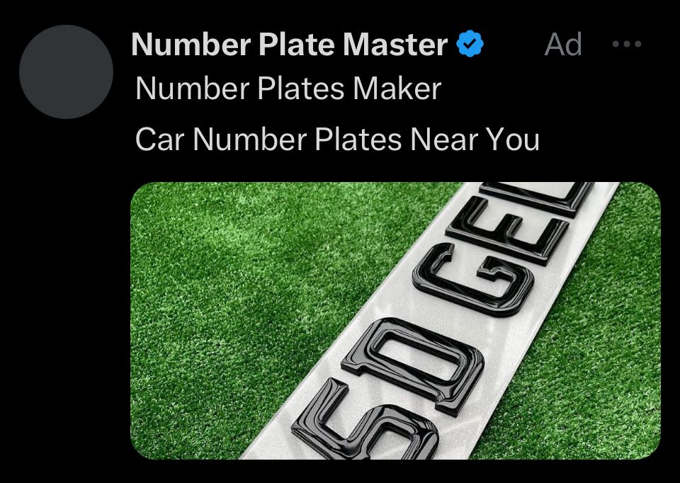 Advert on Twitter for number plate maker with picture of UK number plate.