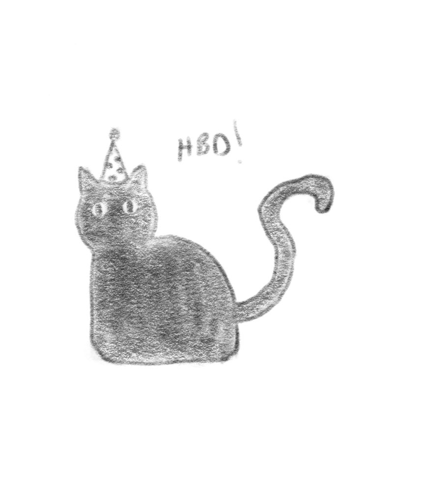 A cat doodle. The cat is wearing a party hat and wishing "HBD!"
