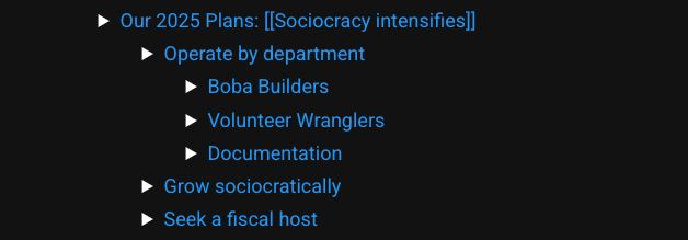 Screenshot of the BobaBoard 2024 retrospective table of contents, as follows: 

Our 2025 Plans: [[Sociocracy Intensifies]]
Operate by Department
Boba Builders
Volunteer Wranglers
Documentation
Grow sociocratically
Seek a Fiscal Host