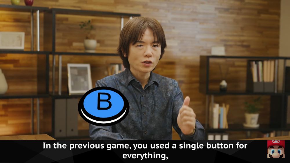 Screenshot from the Kirby Air Riders Nintendo Direct where Masahiro Sakurai says: “In the previous game, you used a single button for everything.” A button labeled “B” appears on screen, being pressed