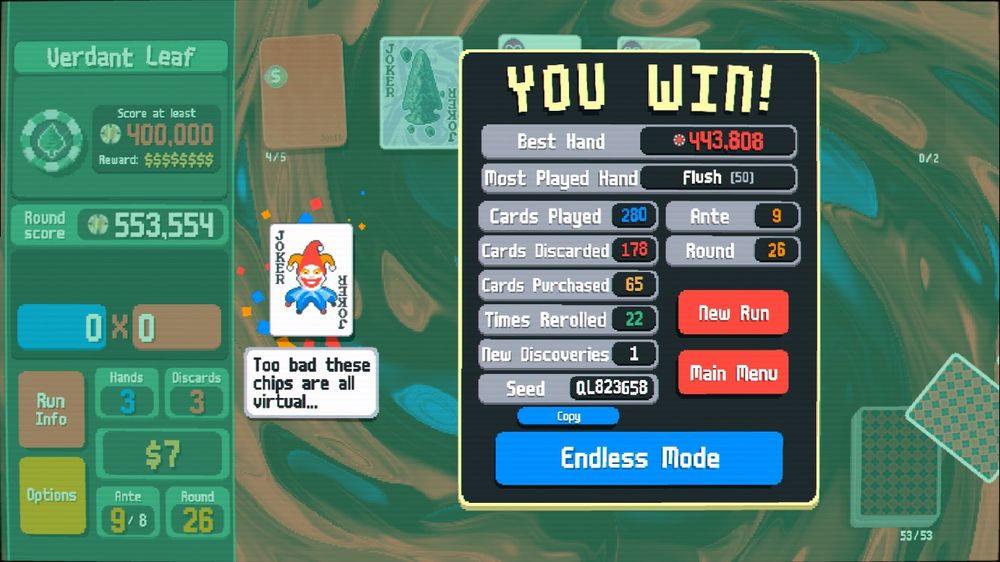 Balatro win screen on the Gold Stake Checkered Deck. Jokers won with: Red Card, Arrowhead, Card Sharp, and Bloodstone. The final boss was Verdant Leaf, so a Business Card Joker was sold to disable the boss. The most played hand was Flush