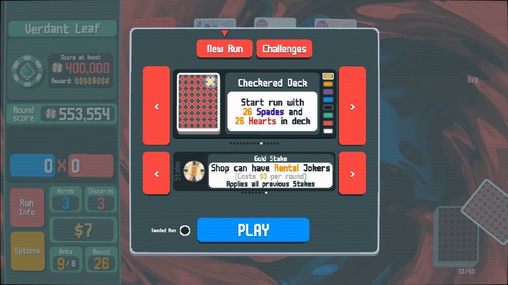 The “New Run” screen in Balatro showing that the Gold Stake sticker has been obtained on the Checkered Deck
