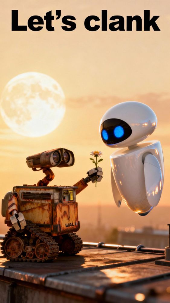 A small rusty robot with tank treads and binocular-like eyes holds up a daisy to a sleek white flying robot with glowing blue eyes. They face each other tenderly at sunset on a rooftop, with the full moon glowing in the background. Bold black text above them reads “Let’s clank.”