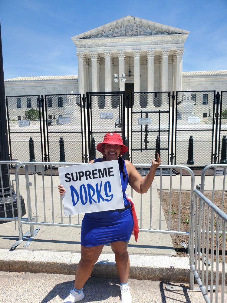 A bodacious half black babe wearing a red bucket hat, blue dress, and white sneakers is standing in front of the United States Supreme Courthouse in Washington, D.C. She is raising her left middle finger and in her right hand, holding a sign that says, "Supreme Dorks," because that's what the Supreme Court is, worse even. 