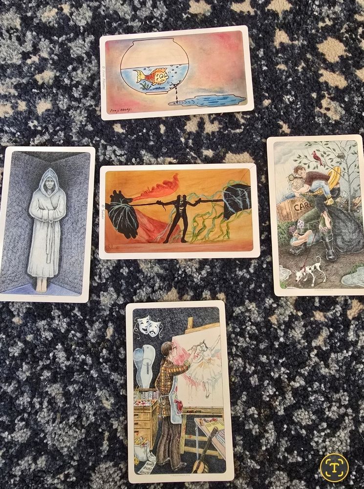 Five cards with images on each. 

Left: Woman in black and white with body covered, hood up, isolated in dark corner

Top: Fish in a fish bowl with a leak in it, looking panicked at the water lost

Right: Man carrying a "care," sign carrying another person on his back, and trying to do too much for too many

Bottom: young woman at easel painting

Center: figure tearing in half, heart on the left, brain on the right