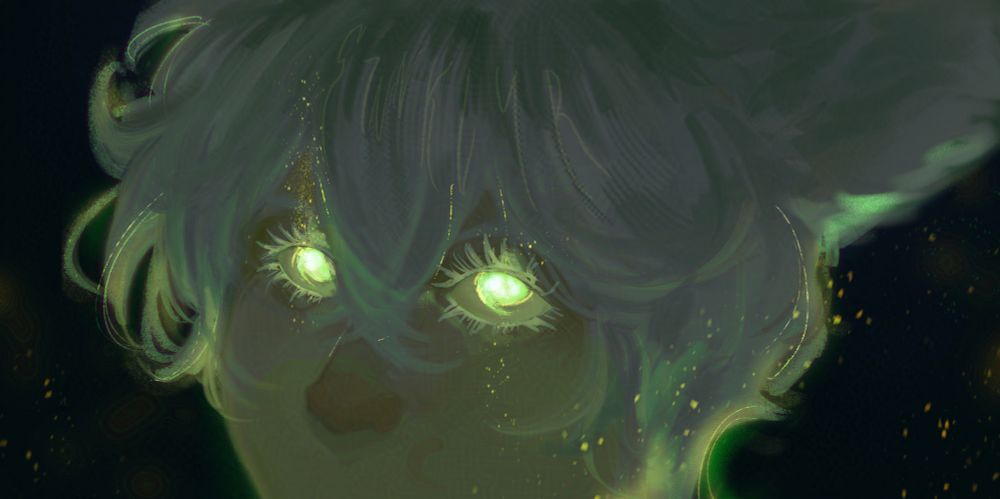 Somber close up illustration of @cosmlc.bsky.social, with green glowing eyes