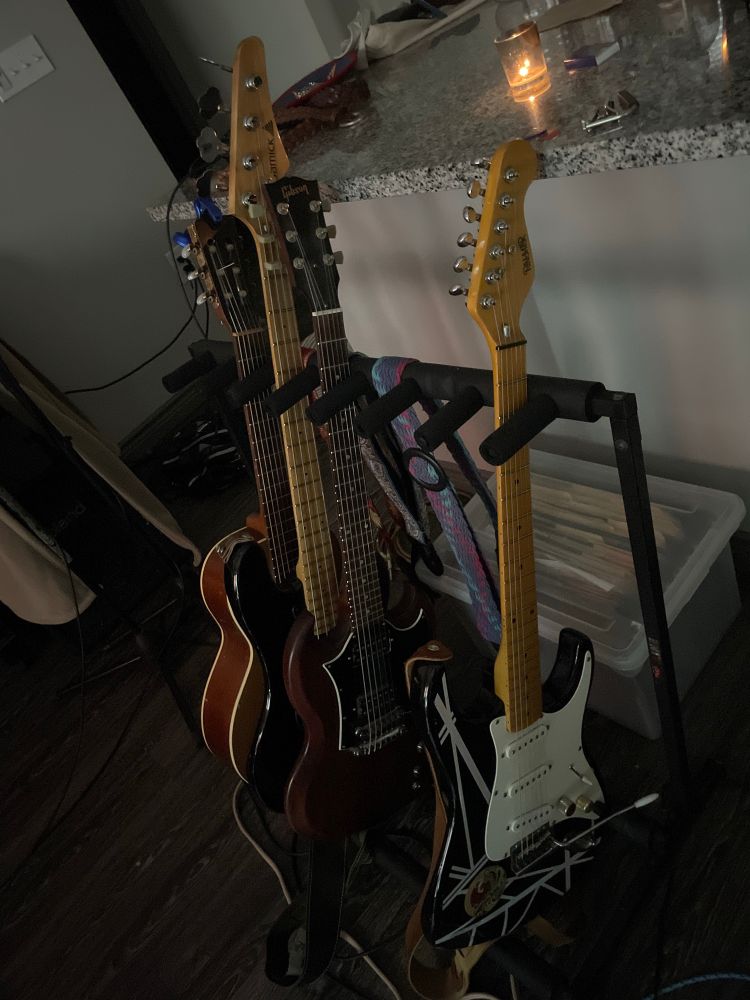 Palmer strat, gibson sg, samick bass, la patrie motif