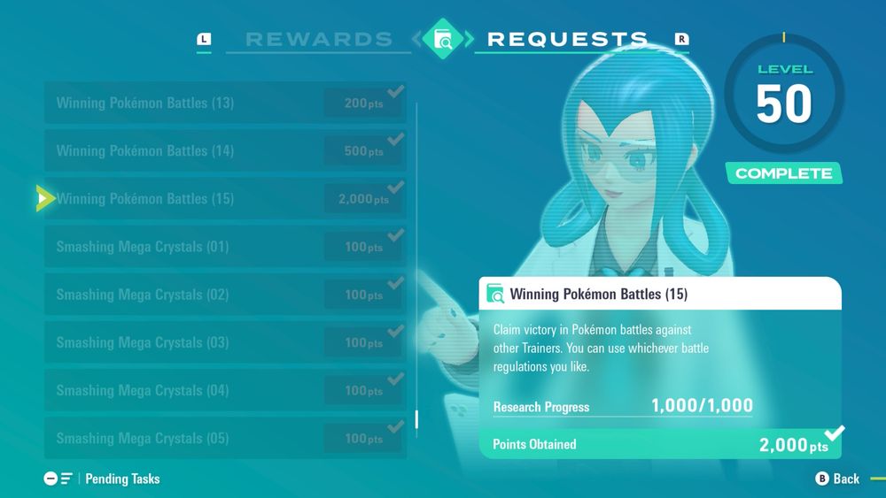 a screenshot from pokemon legends za showing mable’s requests. all her requests are completed and the highlighted “winning pokemon battles 15” shows 1000/1000 battles won.