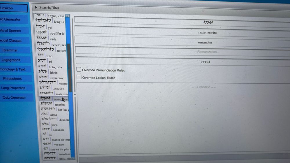 Captura de pantalla de PolyGlot, programa para crear conlangs (lenguas construidas)