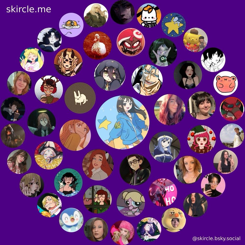 skircle with a very royal purple background, my profile pic - lida from pokemon za - in the middle and profile pics of bloomfs around it in concentric circles 