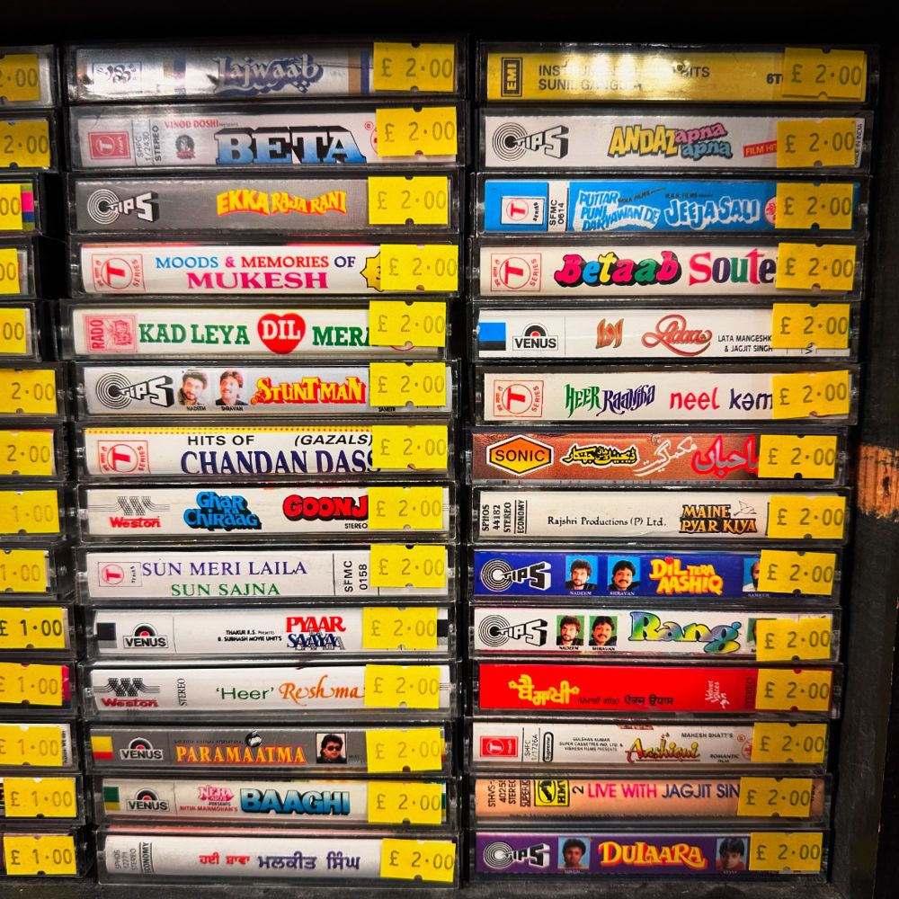 Image of Bollywood cassettes in my local second hand record shop. All £2 each. 