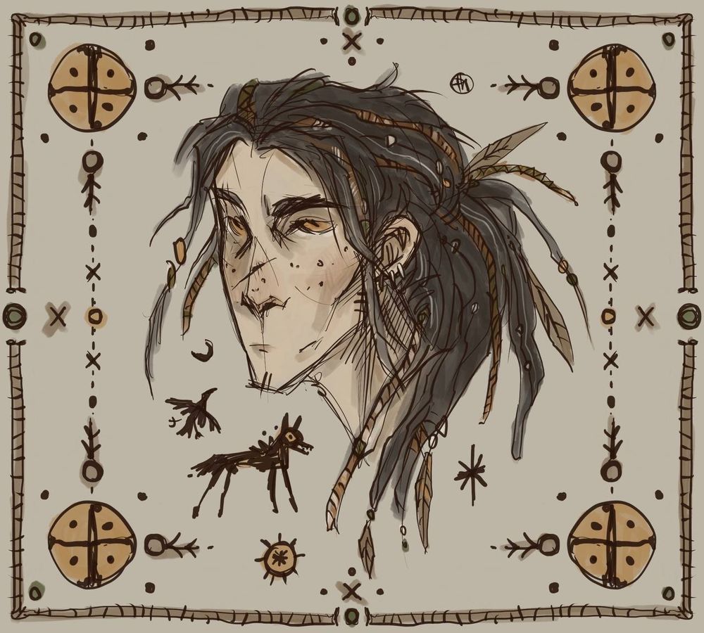 Yakhont's headshot for brush test. There is a simple archaic pattern along the edges and there are silly doodles of a wolf and a crow ⋉•