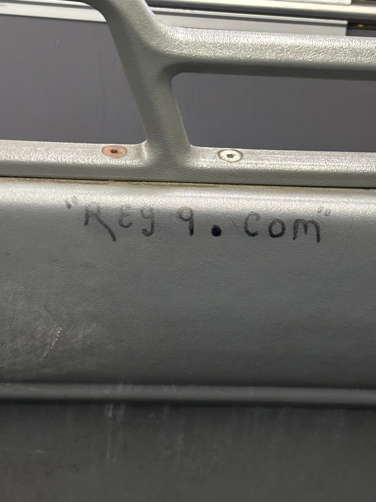 Permanent Marker writing on back of bus seat that says reg9.com