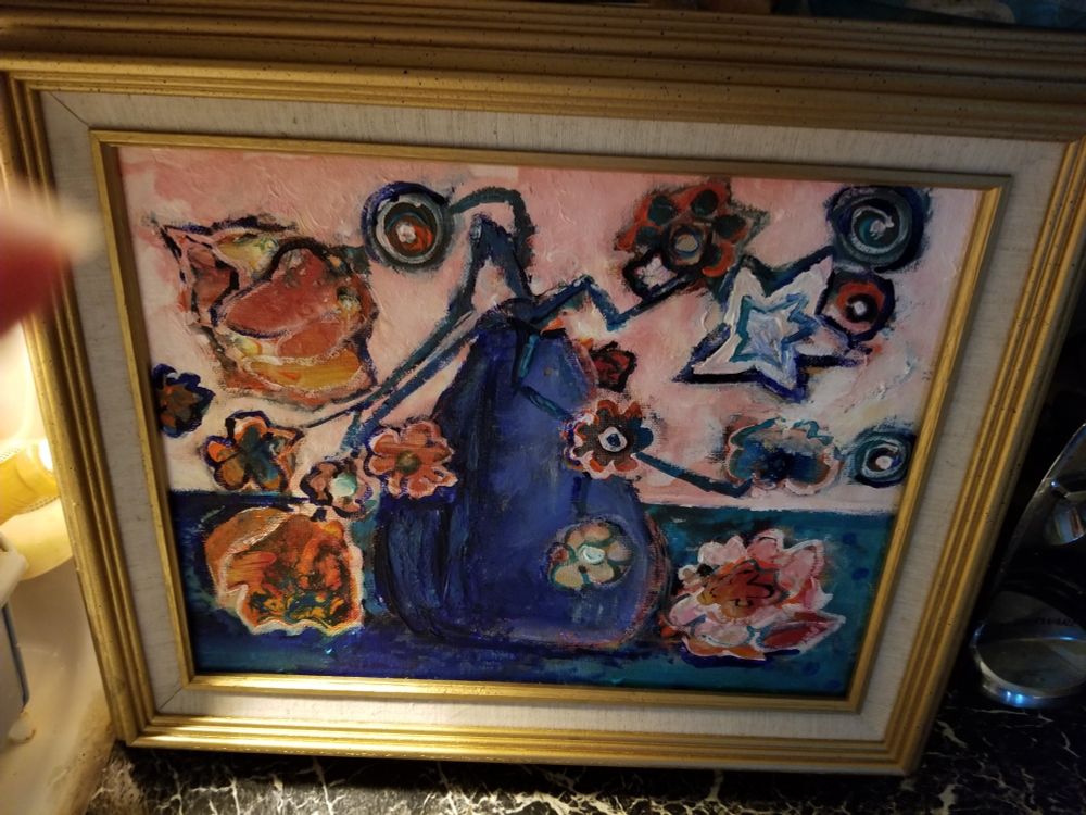 Acrylic still life painting on canvas. A blue vase with white, cream, orange, and pink flowers.