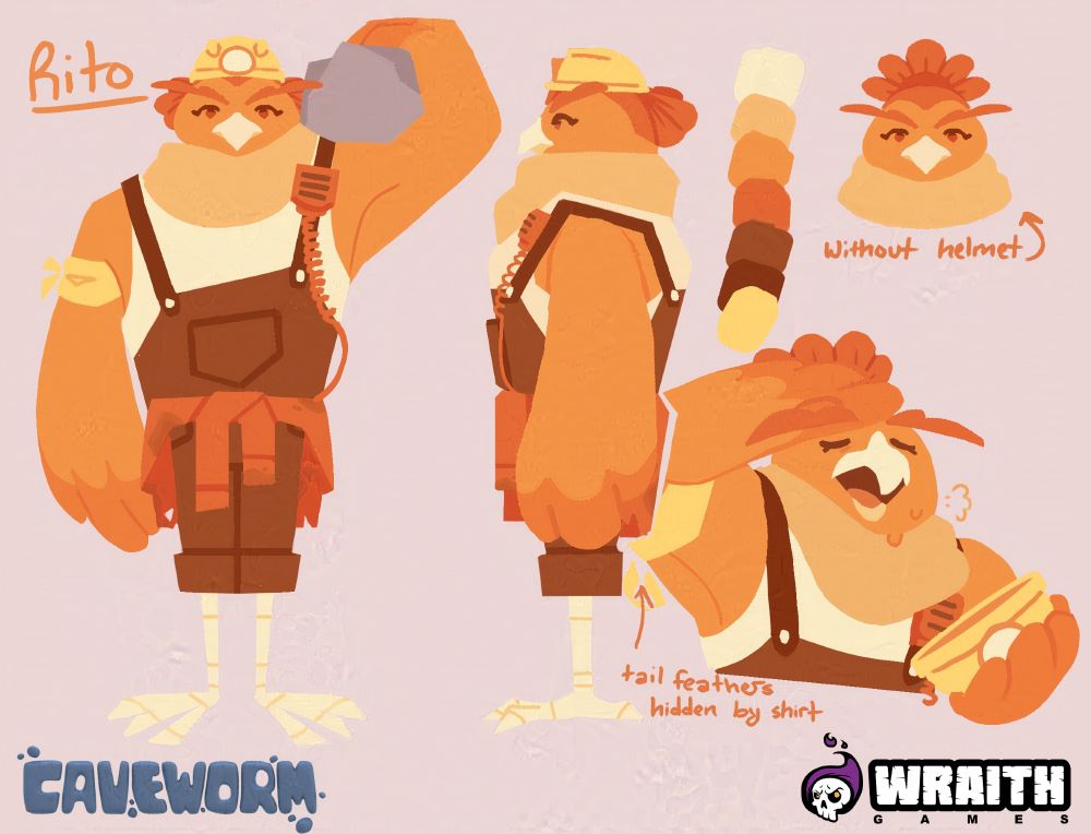 Caveworm character concept for "Rito" with the Cavework and Wraith Games logos. There is text pointing out "Without helmet" and "tailfeathers hidden by shirt"