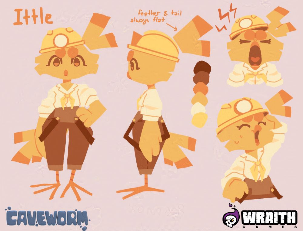 Caveworm character concept for "Ittle" with the Cavework and Wraith Games logos. There is text pointing out "feathers and tail always flat"
