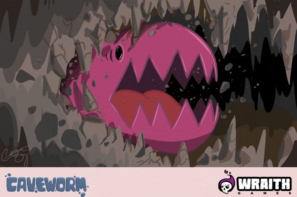 Caveworm character concept of the Caveworm busting through a tunnel with the Cavework and Wraith Games logos.