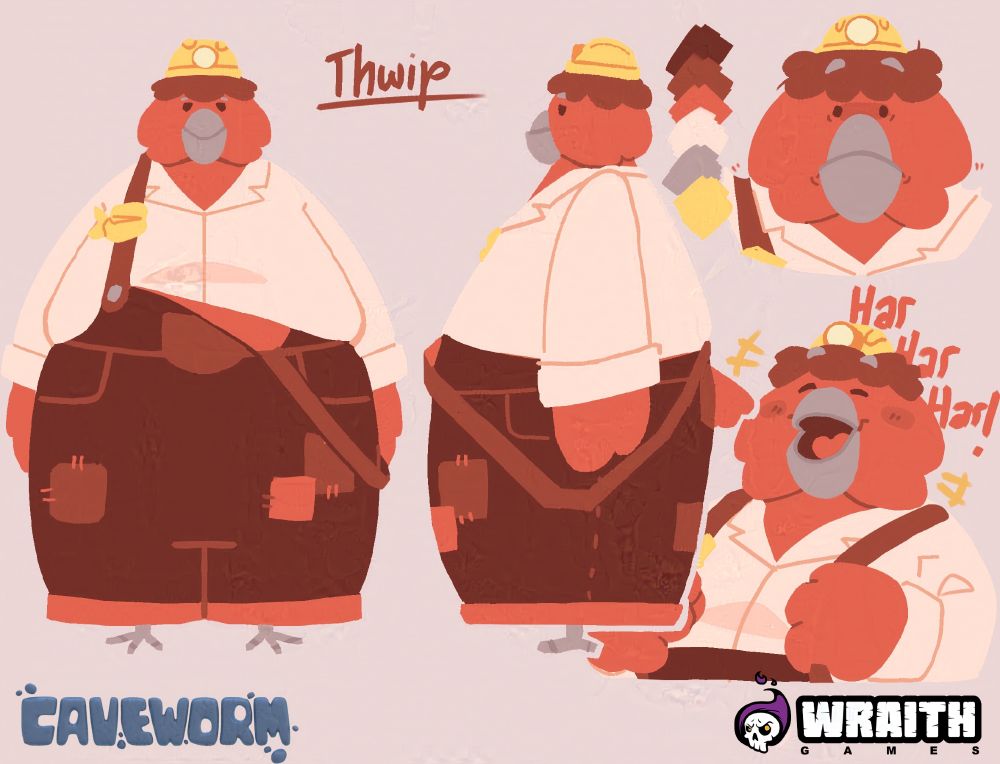 Caveworm character concept for "Thwip" with the Cavework and Wraith Games logos. There is text pointing saying "har har har"