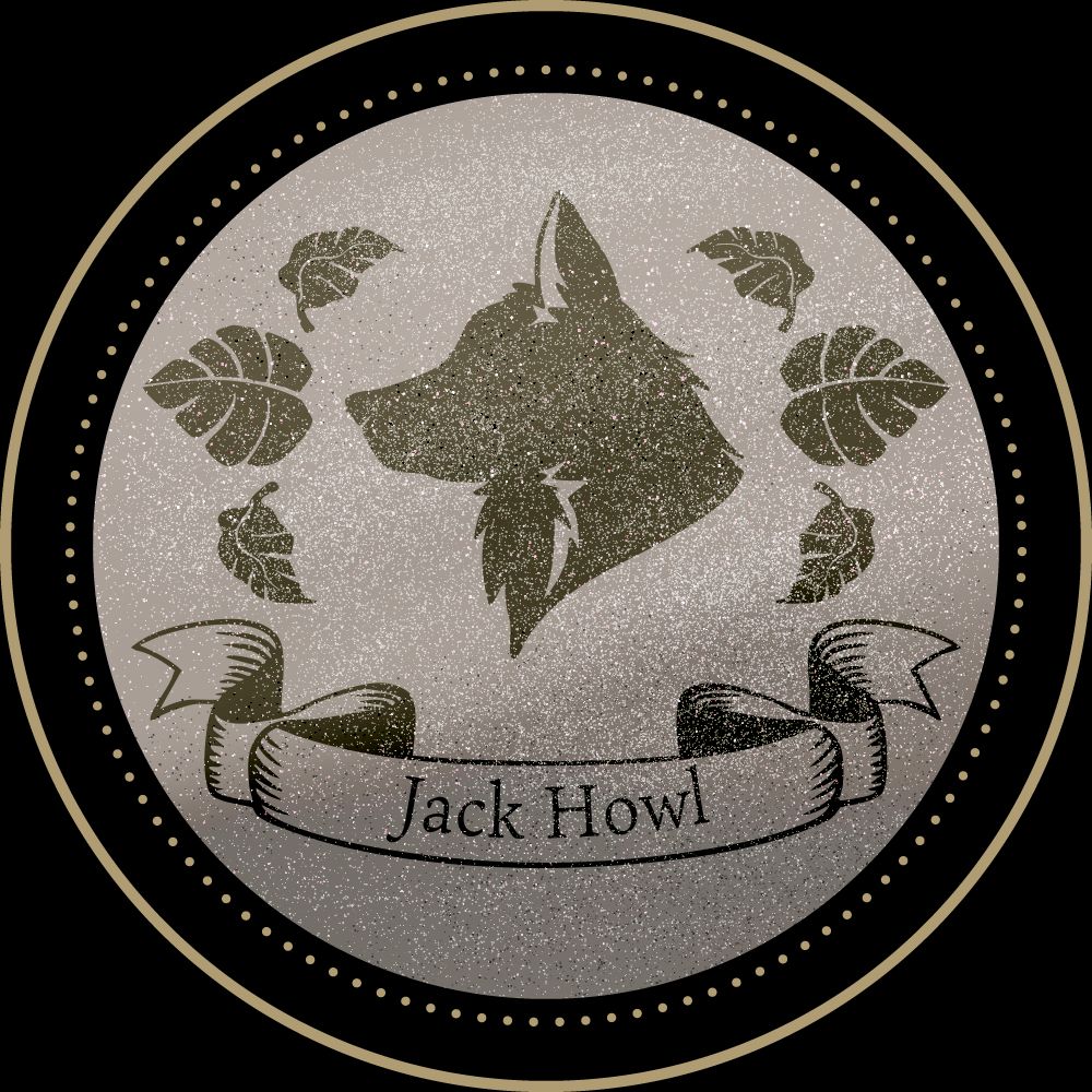 A round logo for Jack, which is silver, with a bronze silhouette of a wolf's head and leaves around it.
