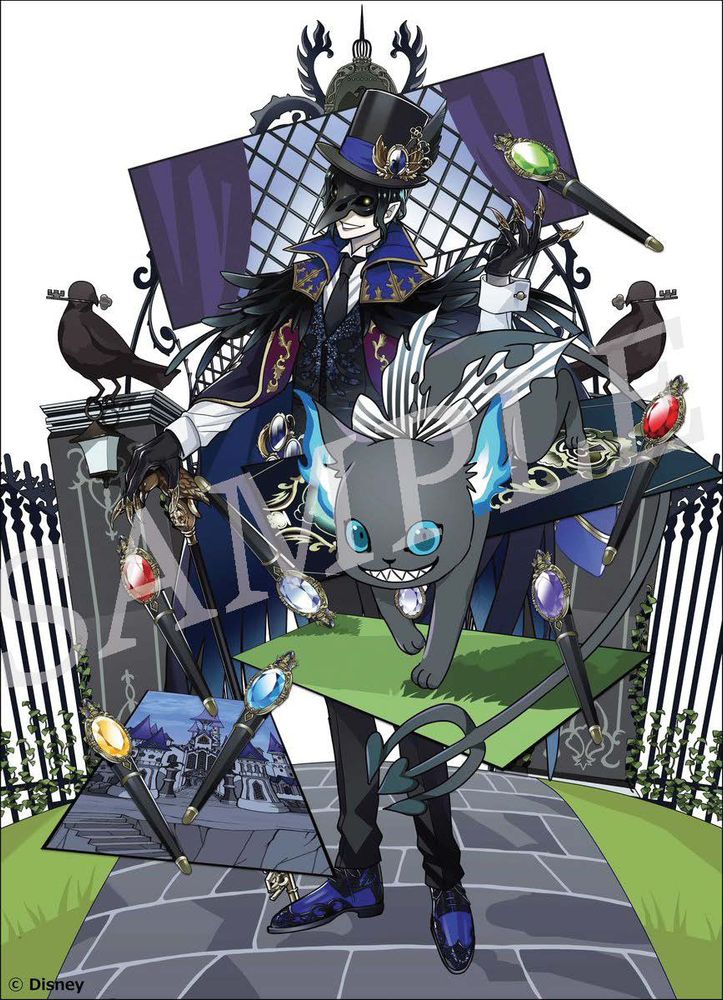 The cover illustration for the Twisted 4-Koma by Mochi, which features Headmaster Crowley and Grim, along with magic pens in each of the dorm colors. They are in front of Night Raven College's entrance.