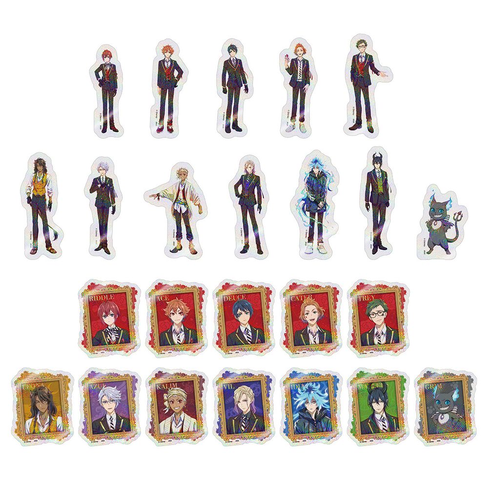 Product concept art for the 24 types of hologram clear cards. 12 characters are featured, the 5 students from Heartslabyul: Riddle Rosehearts, Ace Trappola, Deuce Spade, Cater Diamond, and Trey Clover; the remaining 6 housewardens: Leona Kingscholar, Azul Ashengrotto, Kalim Al-Asim, Vil Schoenheit, Idia Shroud, and Malleus Draconia; and Grim. Each character has one full-body illustration card, and one portrait-like card.