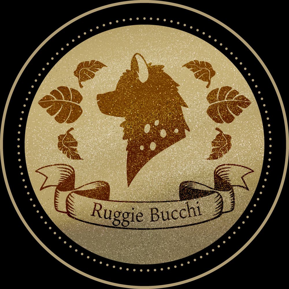 A round logo for Ruggie, which is yellow, with a gold silhouette of a hyena's head and leaves around it.