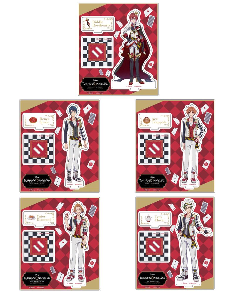 The 5 acrylic stands featuring each of the students of Heartslabyul. The stands have three parts: a full-body version of the character in their dorm uniform, a name plate, and a stand with the motif of Heartslabyul.