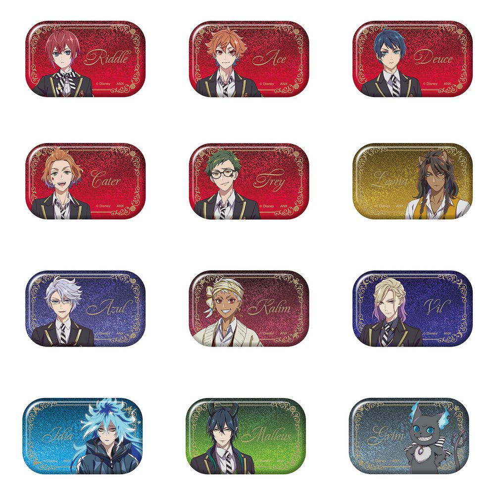 Product concept art for the 12 types of glitter can badges. The badges are rectangular, feature the student in their school uniform, and has their first name in cursive.