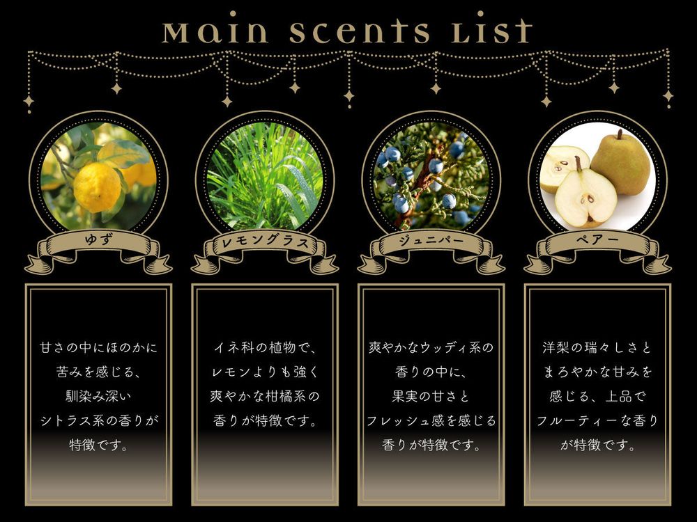 Main Scents Full Text (Machine Translated): It is a dignified yet gentle fragrance that seems to capture the breath of nature. It starts with a refreshing citrus scent, then leads you through an intellectual and tranquil time, before ending with a gently enveloping lingering musk. It is a fragrance that will help you when you are lost.